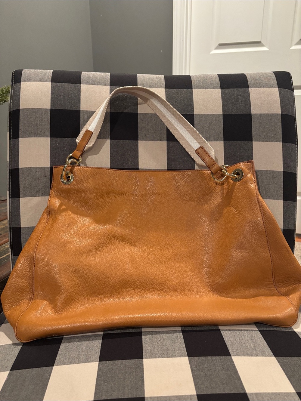 Leather Tote Bag in Cognac Brown with White Straps